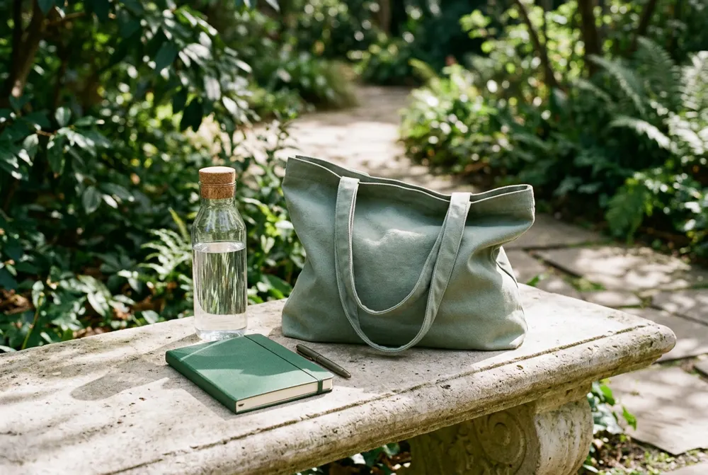 Caderno e garrafa em um jardim, cena editorial criada com IA